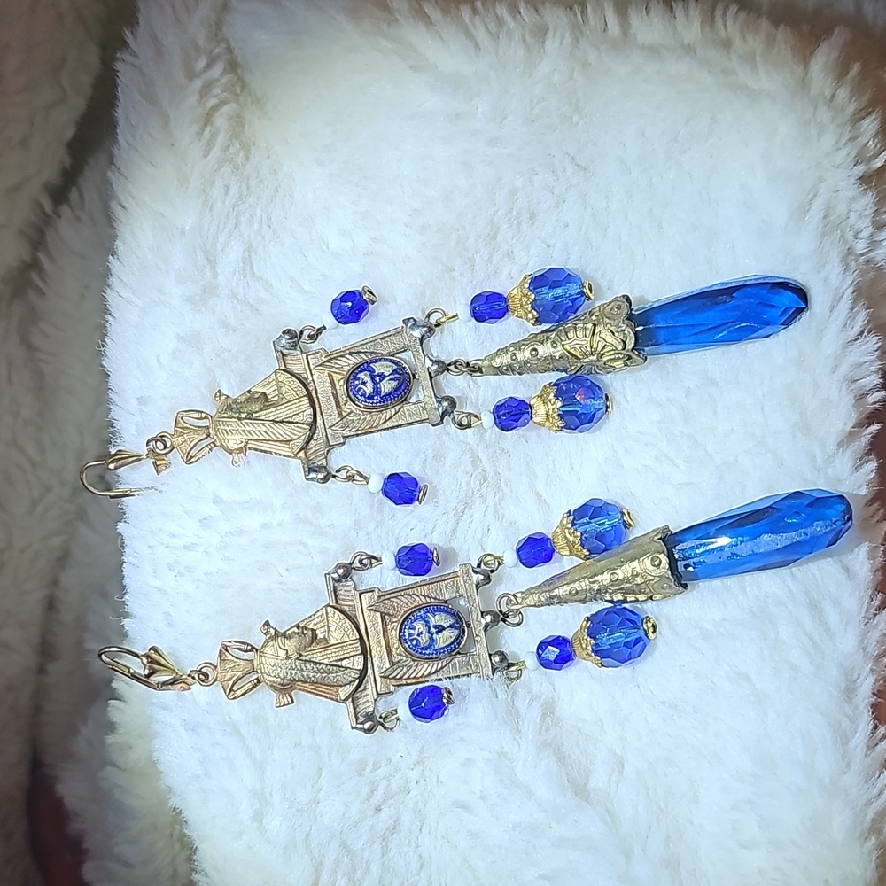 Czechoslovakian Scarab/Butterfly Shoulder Duster Earrings